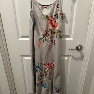 Johnny Was Light Gray Maxi Dress with Multicolor Floral Embroidery